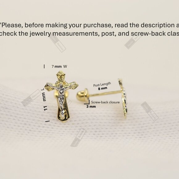 14K Solid Gold Two-Tone Cross Stud Earrings • Elegant Christian Symbol. - Picture 6 of 6